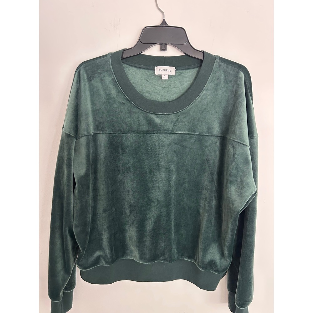 Evereve Womens Forest Green Velour Crewneck Soft Sweatshirt Relaxed Fit Large